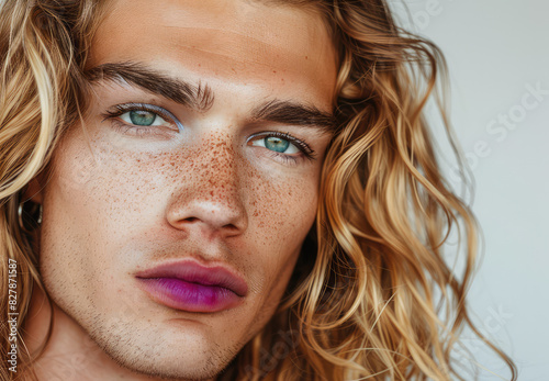 Portrait of a blond androgynous man with make-up