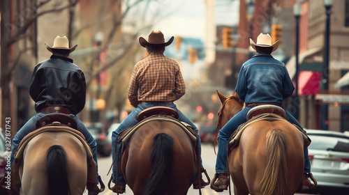 Rear back view of three Texas cowboys with hats riding horses on city street. Traditional American wild west sheriff in town