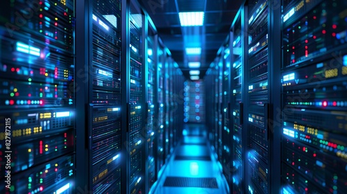 3D illustration banner of a server room in a data center full of telecommunication equipment, highlighting big data storage and cloud hosting technology.