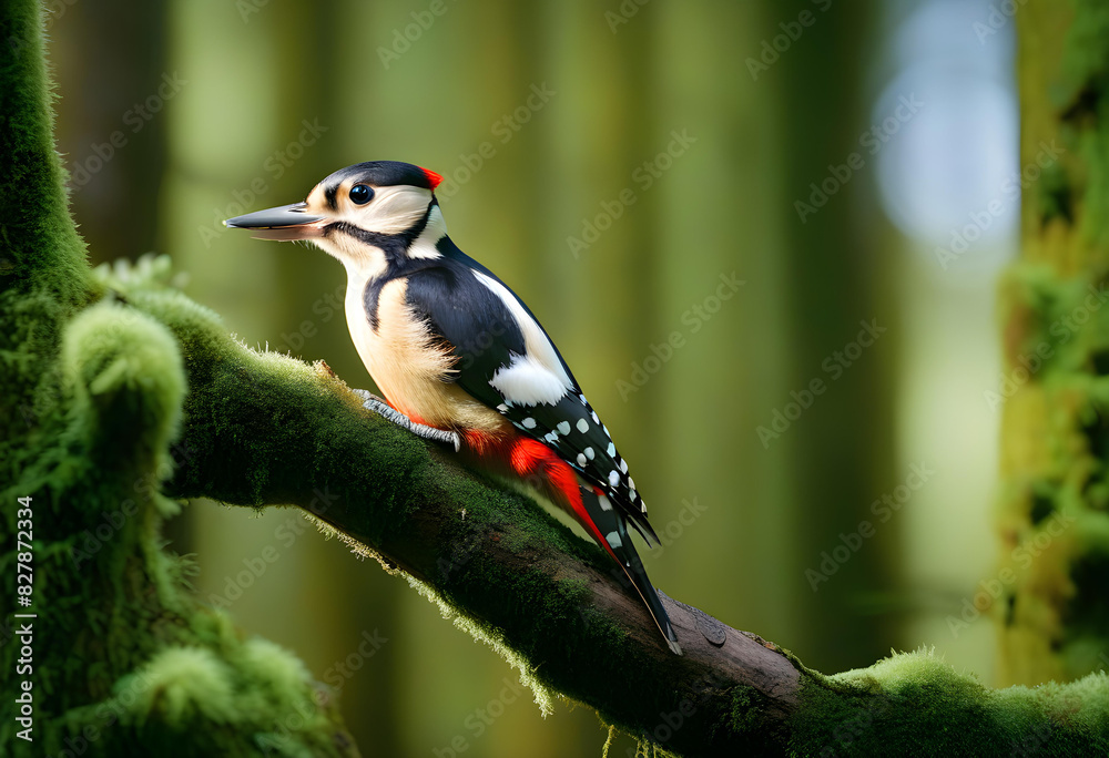A great spotted woodpecker perched on a branch covered in moss. A great spotted woodpecker perched on a branch covered in moss.