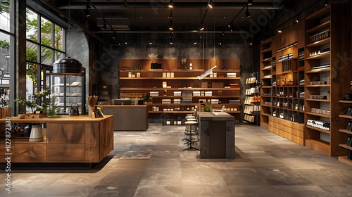 Retail store with a mix of materials like wood, metal, and glass, realistic interior design photo