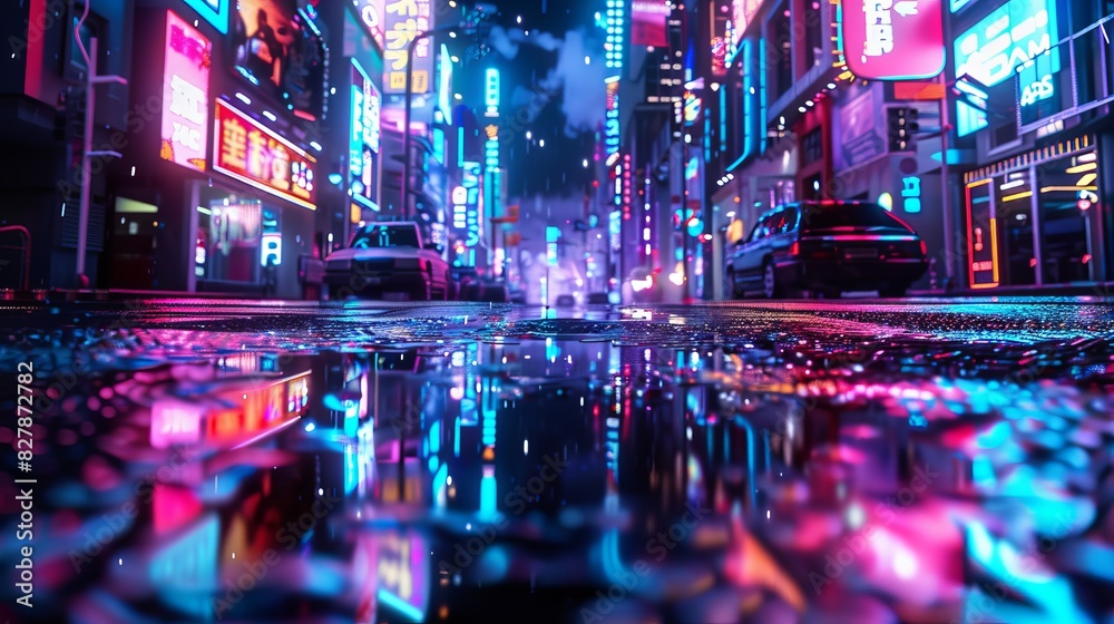 3D rendering of an abstract neon mega city with light reflections from puddles on the street. Concept for nightlife, a never-sleeping business district, with a cyberpunk theme.