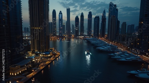 A view of Dubai Marina at dusk.