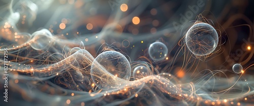 Ethereal orbs of light float amidst a network of intersecting lines and curves. Each element seems to pulsate with energy, creating a hypnotic rhythm that captivates the senses.