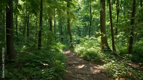 Wallpaper Mural A dirt path meandering through a dense forest with sunlight filtering through the trees, A dense forest with dappled sunlight filtering through the trees onto the path Torontodigital.ca