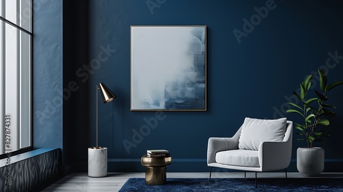 Dynamic energy expressed through bold contrasts and fluid forms in a minimalist artwork set against a dark blue wall. photo