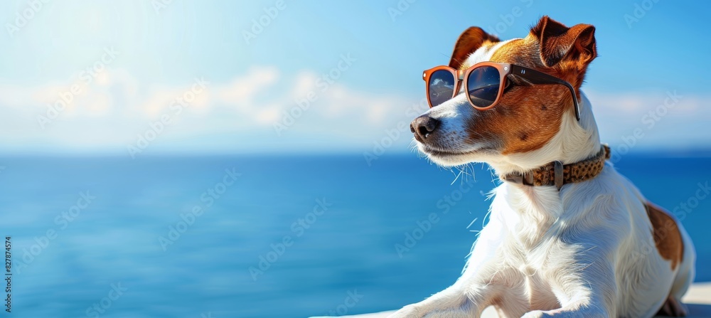 A dog wearing sunglasses is lounging by the sea on a summer day. The relaxed vibe and the beach setting are prominent, making it a perfect image for summer themes and pet-related content.