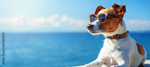A dog wearing sunglasses is lounging by the sea on a summer day. The relaxed vibe and the beach setting are prominent, making it a perfect image for summer themes and pet-related content.