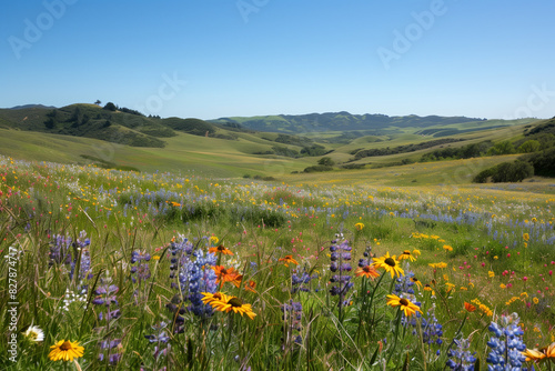 A vast, unspoiled meadow with rolling hills in the distance, blanketed in a sea of multicolored wildflowers under a clear blue sky.