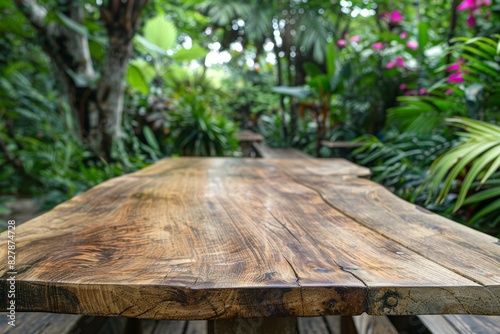 An empty rustic wooden plank table top with a blurred background of a lush jungle, providing ample copy space