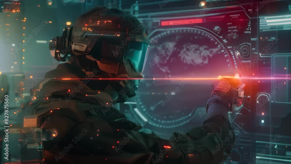 A man dressed in advanced armor points at a digital clock in a high-tech setting, A digital warrior protecting a virtual fortress from cyber threats