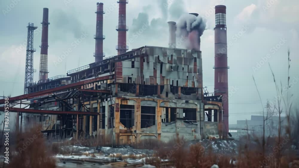 An old factory emitting smoke from its smokestacks due to industrial activity, A dilapidated, rusting factory with smokestacks emitting only ash