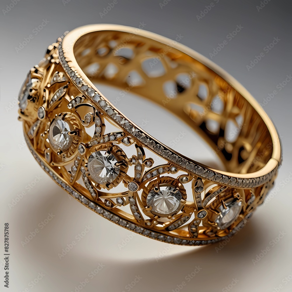 Close up of designer gold and diamond bangle having itself craft of gold looking historic over white background
Close up of designer gold and diamond bangle having itself craft of gold looking historic over white background