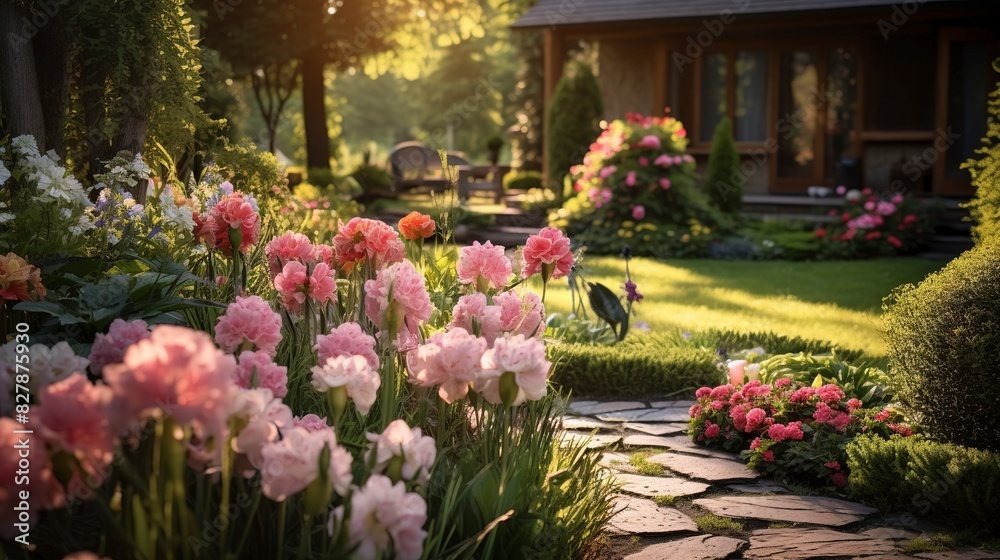 photo of a backyard garden with blooming flowers. photo of a backyard garden with blooming flowers.