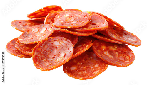 Heap of slices of cured pepperoni sausage isolated on a transparent background PNG