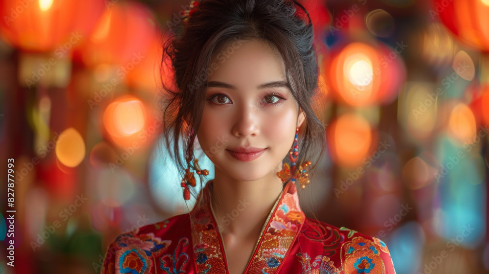 an Asian woman wearing a red dress and earrings an Asian woman wearing a red dress and earrings
