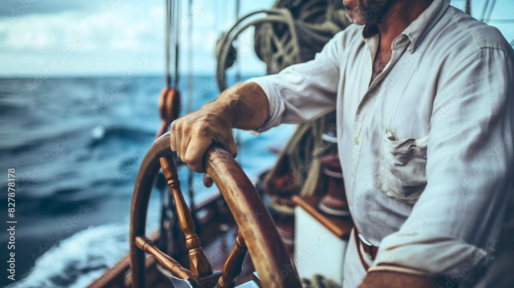 Closeup man ship captain holding his hand on wooden rudder helm wheel, sea or ocean water waves sunset. Nautical sailor boat, professional navigator crew, steering, deck Closeup man ship captain holding his hand on wooden rudder helm wheel, sea or ocean water waves sunset. Nautical sailor boat, professional navigator crew, steering, deck