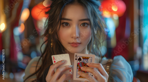 An Asian woman holding cards Ace and King facing camera