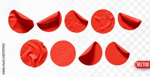 Set of round red paper stickers. Realistic design round sticker label template isolated background. Collection mockup price tag sale. Vector illustration