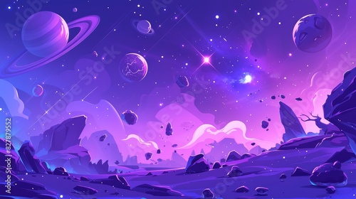 Immerse yourself in a captivating space setting featuring a galaxy backdrop adorned with Saturn asteroids and a whimsical cartoon universe texture Behold a 2d illustration of a starry futuri