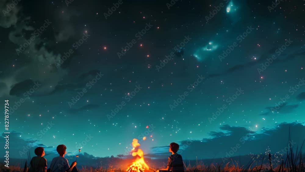 Three individuals sit around a campfire in the dark night, roasting marshmallows under a sky full of stars, A family camping under the stars, roasting marshmallows over a fire Three individuals sit around a campfire in the dark night, roasting marshmallows under a sky full of stars, A family camping under the stars, roasting marshmallows over a fire