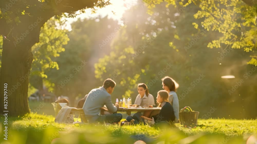 Group of people, likely a family, sitting around a picnic table enjoying food and each others company on a sunny day in the park, A family enjoying a picnic in a sunny park