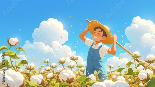 A cheerful farmer is depicted in cartoon 2d illustrations blissfully tending to his cotton crop in the vast fields These images capture the essence of agriculture industry showcasing the dil photo