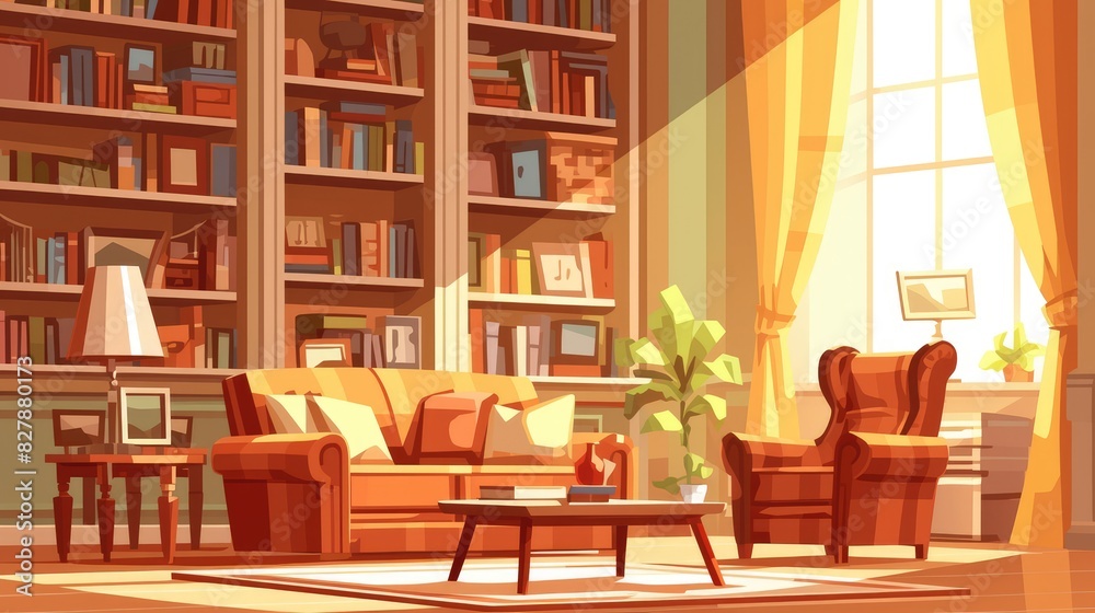 Experience the cozy charm of a living room adorned with a plush sofa stylish armchair elegant bookshelves and a vibrant potted plant Dive into a lively cartoon depiction showcasing a lounge Experience the cozy charm of a living room adorned with a plush sofa stylish armchair elegant bookshelves and a vibrant potted plant Dive into a lively cartoon depiction showcasing a lounge