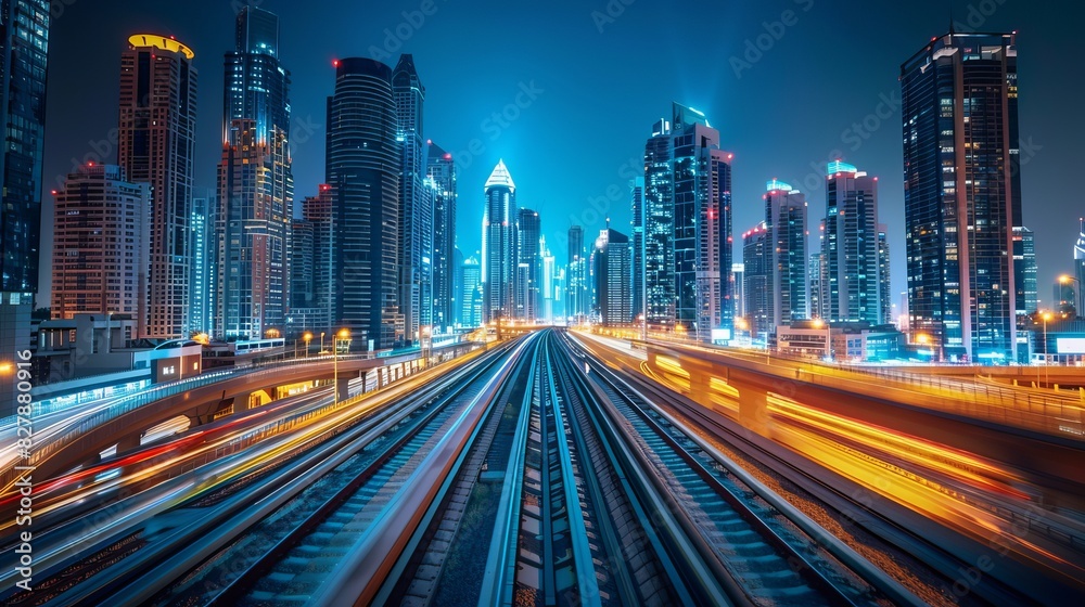 Obraz premium Dubai skyline and downtown with light rail and city lights.