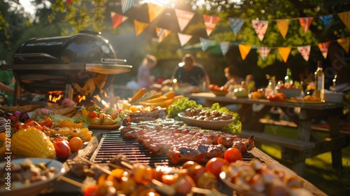 Sunlit barbecue with flags, grilled food, picnic setting, and patriotic decorations