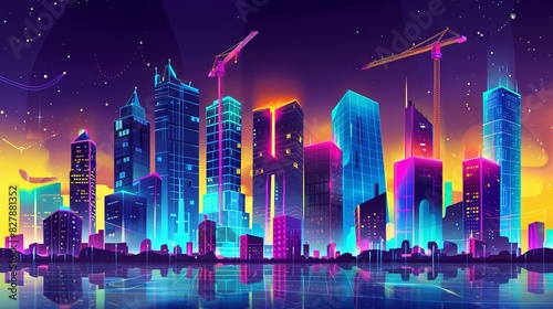 Growing metropolis in neon colors, cartoon vector concept. Night cityscape with futuristic urban architecture and cranes constructing new skyscrapers. Urban background illustration.