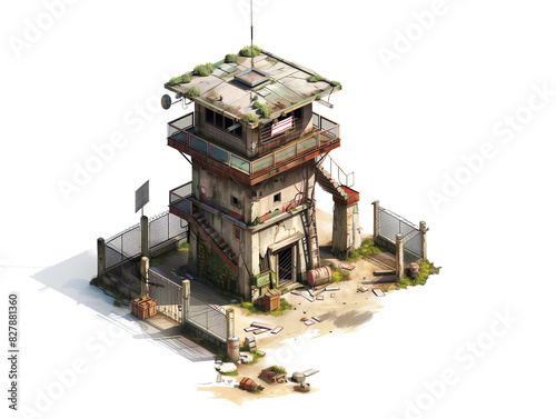 Digital art of a dilapidated guard tower with an overgrown roof surrounded by a broken fence and scattered debris under daylight, Transparent PNG Game Asset