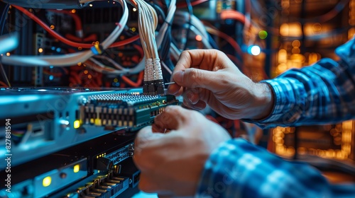 Hands of an engineer repairing a router in a server room.
