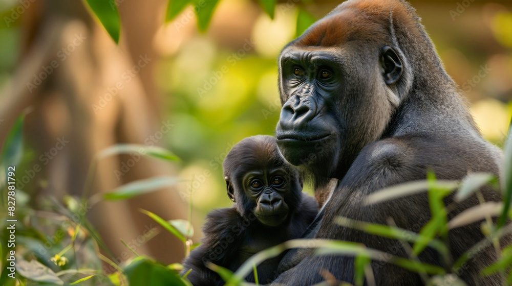 Gorilla mother and little baby together in jungle wildlife nature. Primate ape monkey animal, family infant, child care and love Gorilla mother and little baby together in jungle wildlife nature. Primate ape monkey animal, family infant, child care and love
