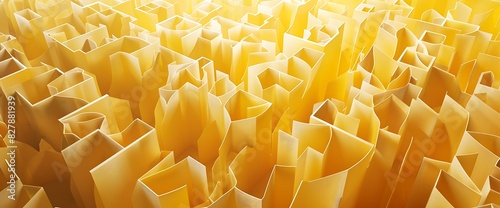 A surreal aerial view of a paper maze, with intricate patterns and textures unfolding beneath a soft, golden light against a vibrant yellow background.