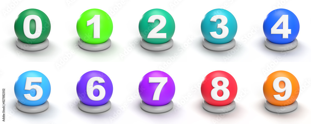 3D rendering of numbers 0-9 on colorful spheres. Colorful 3D rendering spheres and 0-9 number concept for education, business 3D rendering of numbers 0-9 on colorful spheres. Colorful 3D rendering spheres and 0-9 number concept for education, business