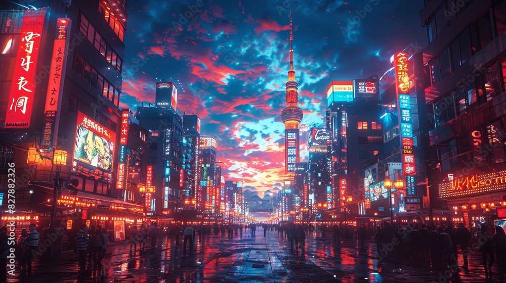 Obraz premium Illustration of a colorful Asian metropolis with vibrant neon signs in the center.