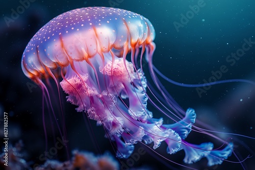 An elegant and dangerous jellyfish swims in the endless depths of the sea, sparkling with its bright colors