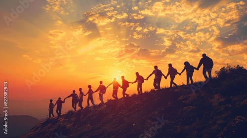 A group of diverse people of all ages and genders holding hands and climbing a mountain at sunset. AIG535