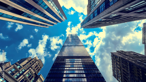 Tall city skyscrapers  glass buildings  corporate company business architecture  daytime blue sky. Modern and urban construction  clouds reflection on the windows