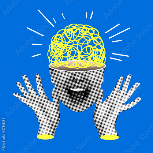 Idea concept. Shining brain inside womans head. Creative thinking in business. Scientific discoveries. Successful learning. Brainstorm. Halftone design elements cut from newspaper. Emotion of surprise