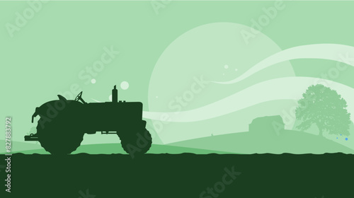 tractor silhouette in the field, agriculture, background, banner with empty space for text