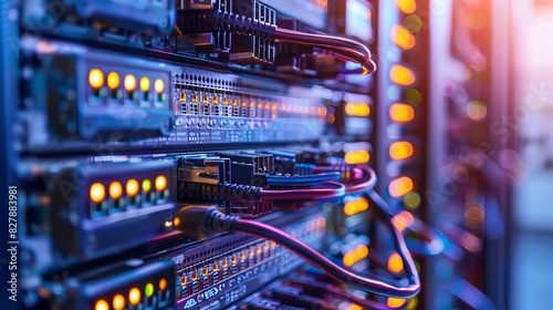 Many network switch hubs and ethernet cables in a rack cabinet. Network connection technology.