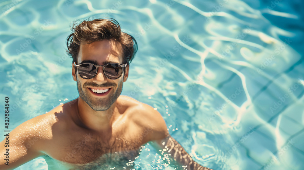 Naklejka premium Handsome happy young man smiling in a swimming pool water. Copy space, summer vacation holiday hotel resort leisure, healthy weekend relaxation activity