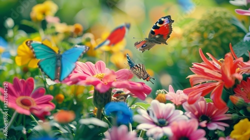 Colorful butterflies and birds can be seen flitting around the flowers and vegetables adding to the natural beauty of the garden. photo