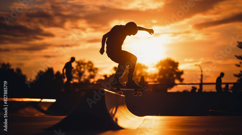 Silhouette of a man doing a trick on a ramp, jumping in the air on a skateboard in skateboarding park at the sunset. Summer extreme sport outdoors, urban street lifestyle, freestyle ride