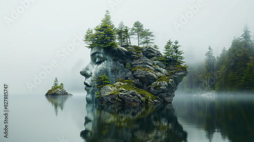 Sculpture of womans face on an island with fir trees in a lake.