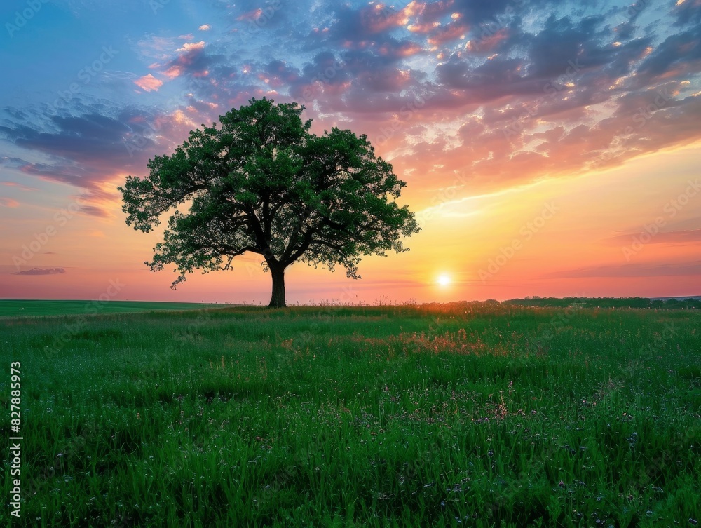 Stunning solitary tree in a lush green field with a vibrant sunset and dramatic sky, perfect for nature and landscape enthusiasts, ideal for prints or digital backgrounds. Stunning solitary tree in a lush green field with a vibrant sunset and dramatic sky, perfect for nature and landscape enthusiasts, ideal for prints or digital backgrounds.