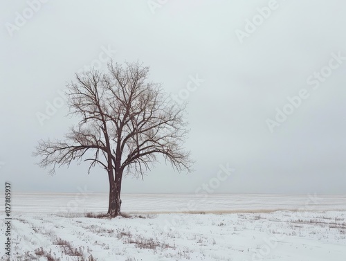 A solitary tree stands in a vast snowy landscape  creating a serene and minimalist winter scene perfect for conveying tranquility and solitude in nature-themed projects.