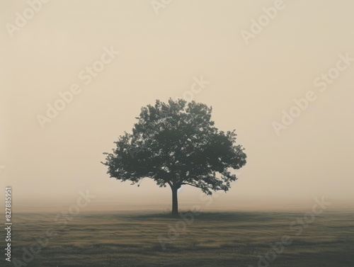 A solitary tree stands majestically in a foggy  misty field  creating a serene and tranquil atmosphere perfect for nature and landscape themes  ideal for backgrounds and wall art.
